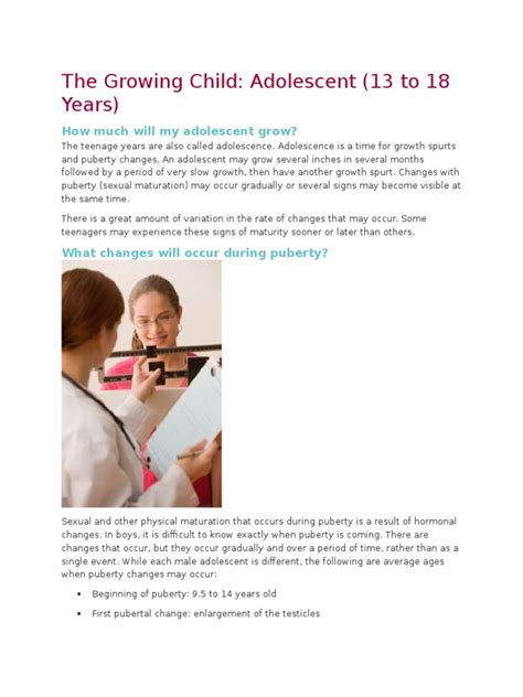 The Growing Child: Adolescent 13 to 18 Years .